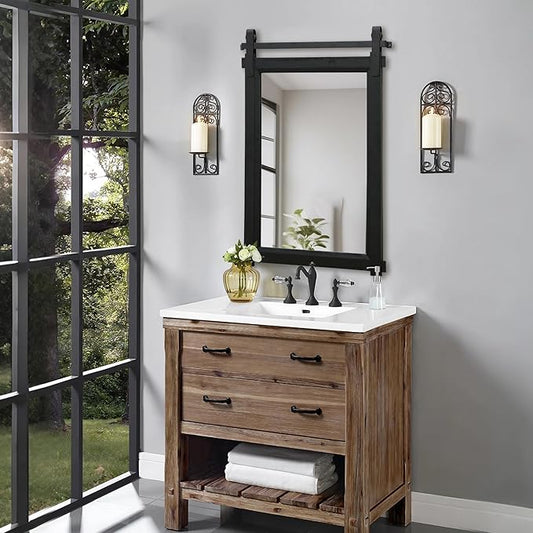 Besdomus Black Bathroom Farmhouse Mirror: 24"x36" Barn Door Rustic Solid Cedar Wood Frame - Wall Mounted Mirror for Entryway/Living Room/Bathroom - Home Decor for Modern Farmhouse Enthusiast
