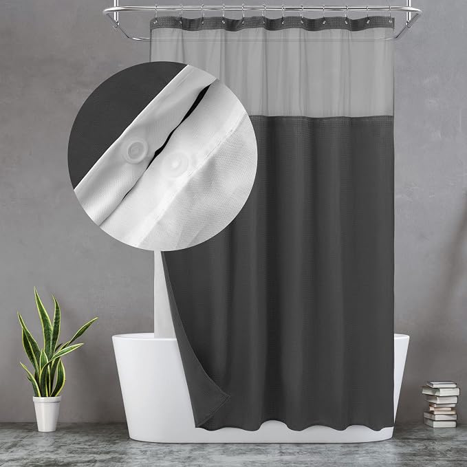 N&Y HOME Waffle Weave Shower Curtain with Snap Liner 71x72, Graphite Gray | 12 Metal Hooks Included, Snap on Fabric Liner, Mesh Window, Washable, Hotel Style Shower Curtain Set for Bathroom