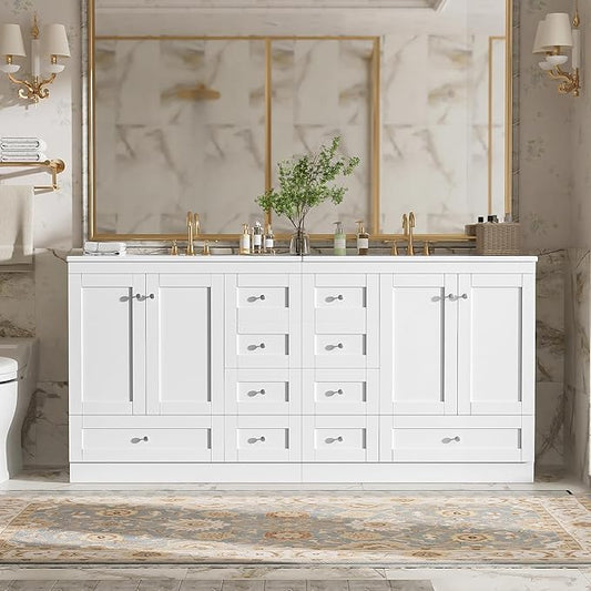 Harper & Bright Designs 72" Bathroom Vanity Set with Double Sink, Vanity Cabinet with 4 Cabinet Doors and 8 Drawers, Modern Design Solid Wood Bathroom Cabinet with Ceramic Basin for Bathroom, White