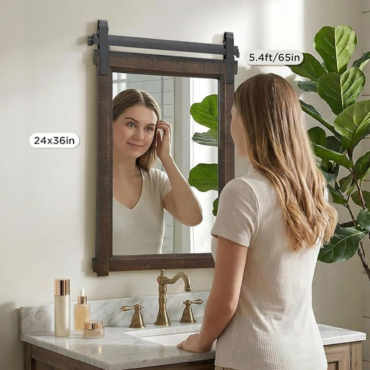 Besdomus Farmhouse Bathroom Vanity Mirror: 24"x36" Brown Rustic Barn Door | No Assembly Required Soild Wood Frame - Decorative Mirror for Entryway/Living Room/Over Sink - Ideal for Bathroom Remodeling
