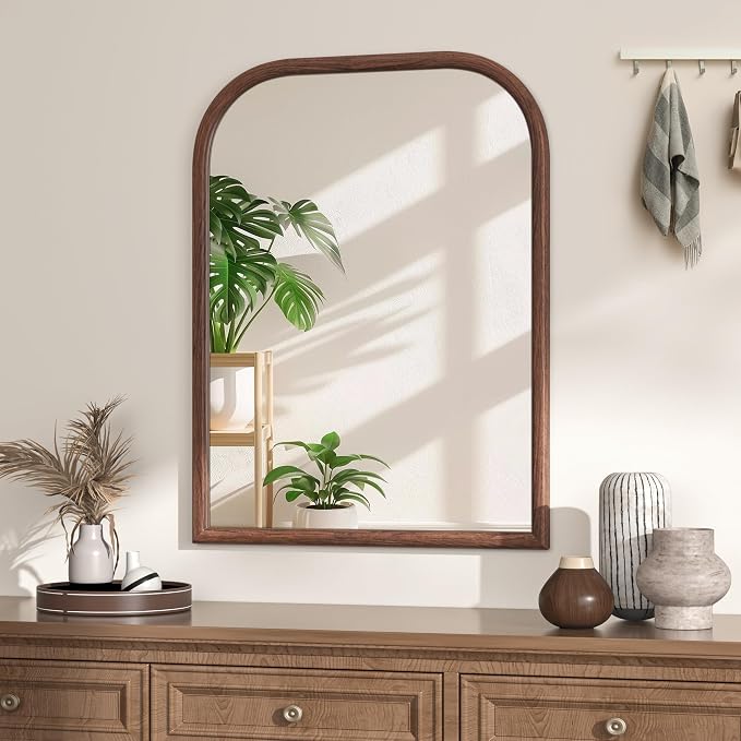 24"x32" Arch Wall Mirror for Wall, Wall Mounted Vanity Mirror for Bedroom, Wood Grain Finish Frame Mirror with Tempered Glass, Vintage Decorative for Bathroom, Entryway, Living Room, Walnut