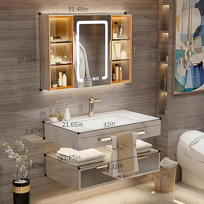 Bathroom Vanity with Sink - Single/Double Sink Bathroom Vanity & LED Fog Removal Mirror Cabinet, Modern Design, Wall-Mounted Floating Vanity (Single Sink, 32")