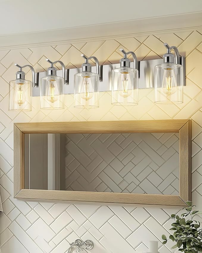 5-Light 34 Inch Bathroom Vanity Light,Clear Glass,Brushed Nickel | Over Mirror Wall Light,E26 sockets,for bathroom mirror,powder room,dressing area,wall-mounted vanity lighting