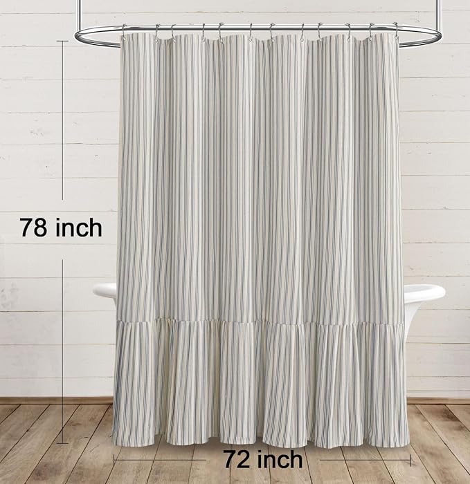 Farmhouse Shower Curtain Ruffle Linen Cream-Grey Stripe 72"W x 78"L | Farmhouse Boho, Striped, Bottom Ruffle, Linen Fabric, Rustic, Country, Natural Look, Washable, for Bathroom Bathtub