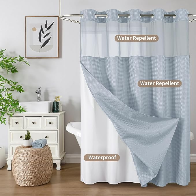 Colorful Star Waffle Weave No Hook Shower Curtain, 72 x 75 Inch, Fog Blue | Heavy Duty Thick Shower Curtain Sets with Snap in Fabric Liner and Mesh Top Window, Hotel Style Waterproof Bathroom Curtain