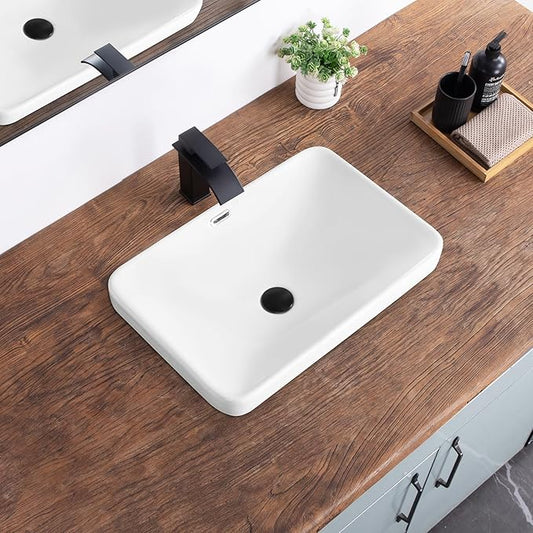 Bathroom Vessel Sink 23.2" X 15.5" Semi Recessed Bathroom Sink White | Drop In Bathroom Sinks with Overflow Rectangular Ceramic Vessel Sinks for Bathroom Modern Above Counter Basin Vanity Sink