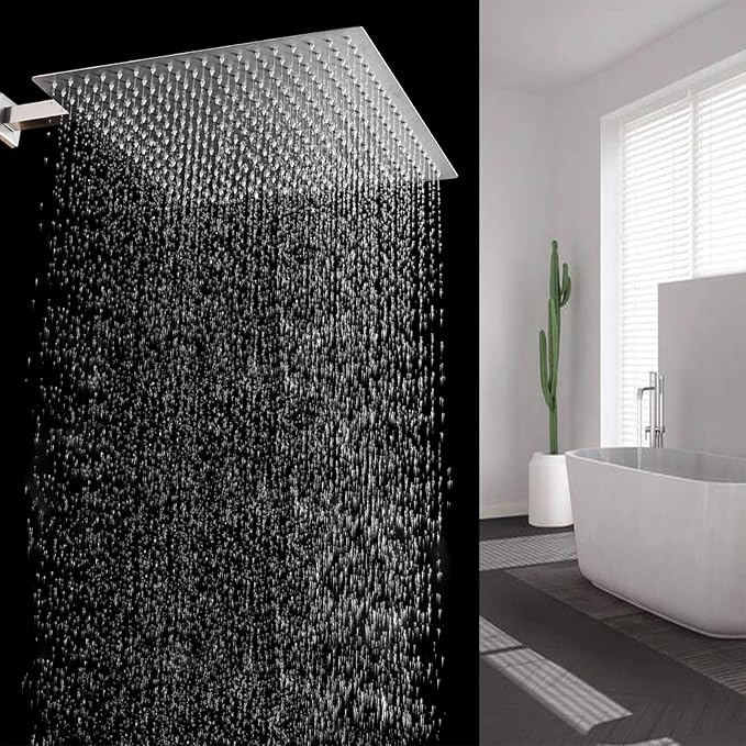 16" Rain Shower Head High Pressure Rainfall Shower Head Brushed Nickel | Square Rain Bathroom Showerhead, High Flow, Large Stainless Steel, Ceiling Mounted, Wall Mounted, Waterfall Full Body