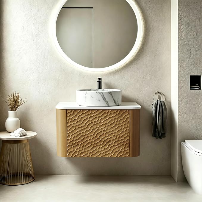 24 Inch Modern Bathroom Vanity with Ceramic Sink, Floating Bathroom Vanity Cabinet with Sintered Stone Top&Solid Wood Hammered Frame, Single Sink Bathroom Vanities w/Soft-Close Drawers,Natural