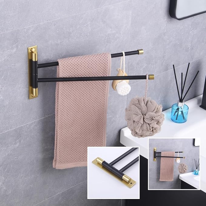GERZWY Bathroom Swing Arm Towel Bars 2-Arm Wall Mount Stainless Steel Bath Towel Rack Hanger Towel Holder Organizer (Black & Gold) HYG02-BD