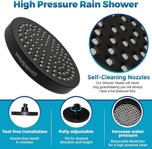 Shower Head - High Pressure 2.5 GPM - Matte Black | Anti-clog silicone nozzles, removable restrictor, easy-clean fixed replacement
