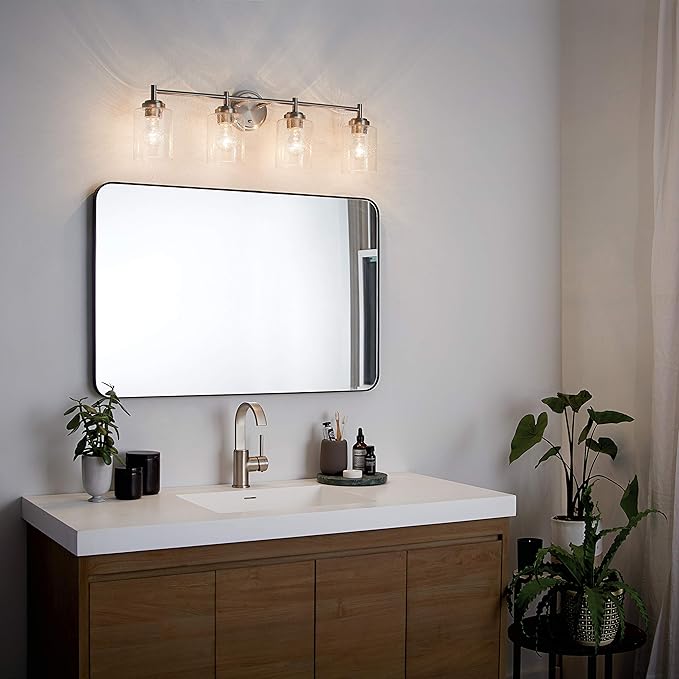 Kichler Winslow 4-Light Farmhouse Vanity Light, Brushed Nickel | Clear seeded glass vanity light for bathroom mirrors (30" x 9.25" x 12"), 45887NI