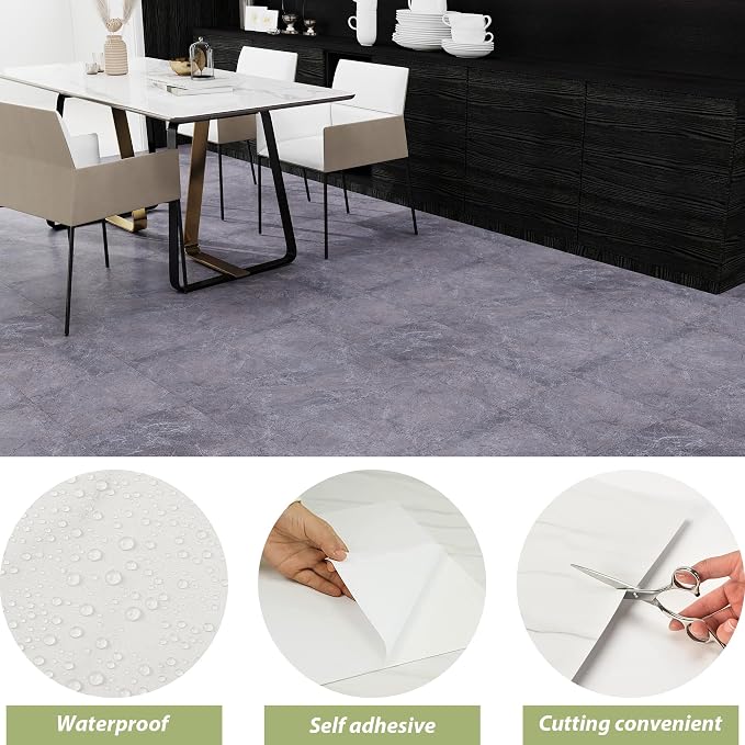 Lareko 60Sq.Ft Grey Marble Peel and Stick Vinyl Floor Tiles,60 Tiles - 12" x 12",Waterfproof and Self Adhesive Vinyl Sticker Tiles,Laminate Flooring for for Kichen,Bathroom,Dining Room(Grey)