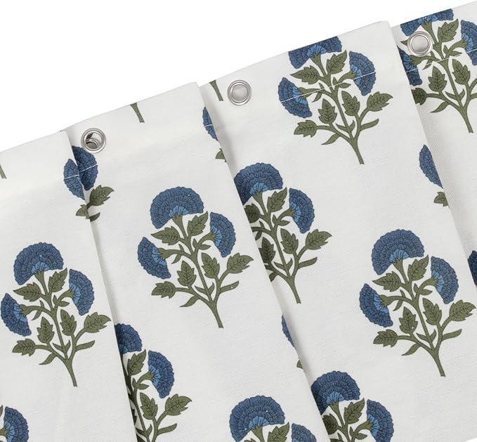MUGINYU Blue Floral Shower Curtain Sets - 72x72 Inches,Cotton Blend Cloth Fabric,Girly Cute Coquette Style with Green Block Print for French Country Bathroom Decor