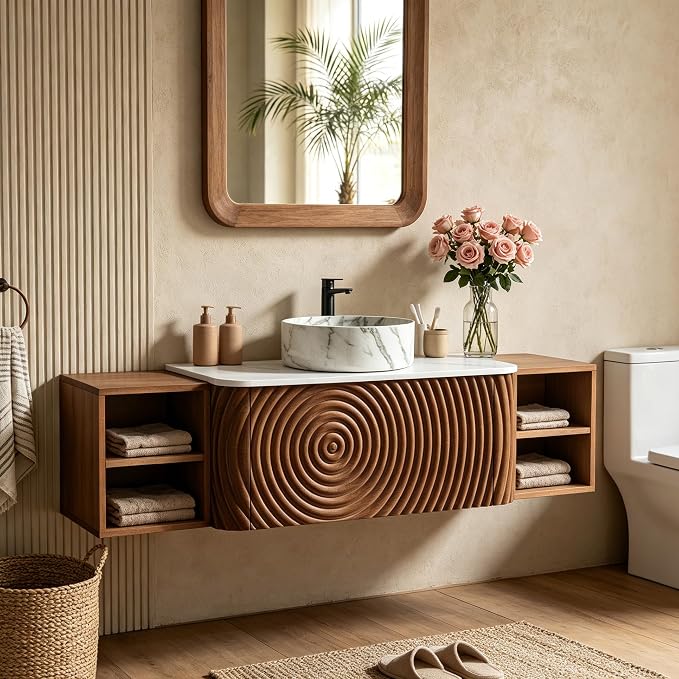 60" Floating Bathroom Vanity with Sink, Mid-Century Wall Mounted Bathroom Vanity Cabinet with Wood Waved Decor,Marble Ceramic Basin and Sintered Stone Top, Soft Close Drawer, 2 Side Open Cube