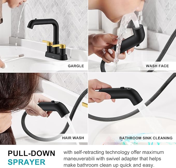 Black and Gold Pull Down Centerset Bathroom Faucet 3 Hole 2 Handle | Pull Out Bathroom Faucet with Pop Up Drain & Supply Lines, Lead-Free cUPC & NSF Certified, 4 Inch Faucet for Vanity RV Sink
