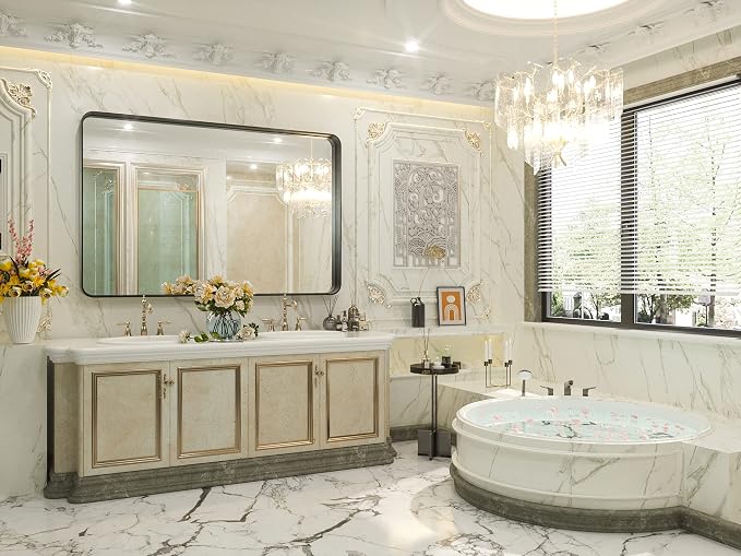 Black Bathroom Mirror, 55 x 36 Inch Matte Metal Frame Modern Farmhouse Decor Rectangular Large Entryway Vanity Wall Mounted Mirror (Horizontal/Vertical)