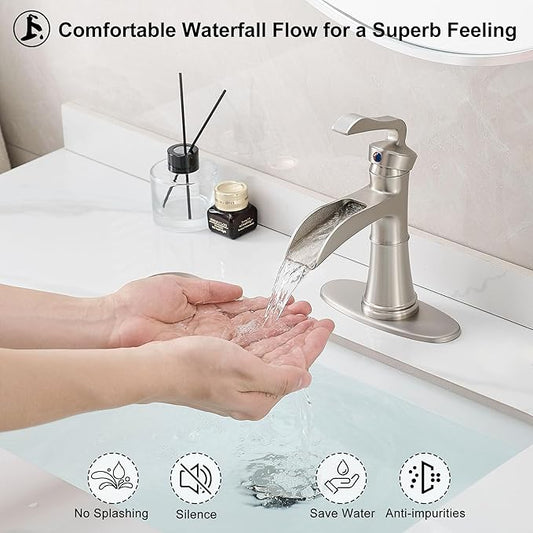 Brass Waterfall Bathroom Faucets Brushed Nickel, Single Hole Bathroom Faucet, 4 Inch 3 Hole Bathroom Sink Faucet Single Handle with Deck Plate, Pop-up Drain and Supply Hoses