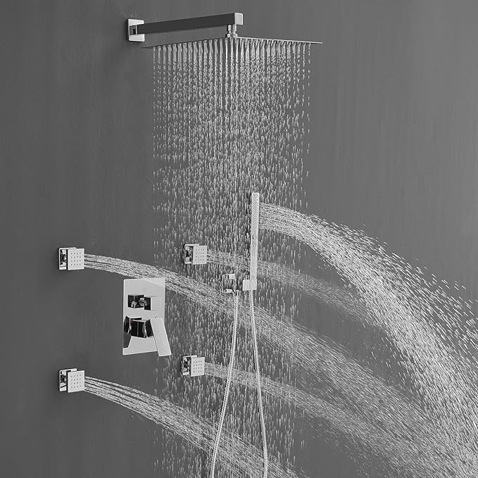 RUMOSE Rainfall Shower System with 4 Body Jets Wall Mounted 4 Mode Shower Faucet Set with 12 Inch Rain Shower Head and 2 in 1 Handheld Spray, Polished Chrome Brass Shower Fixtures, Rough-in Valve