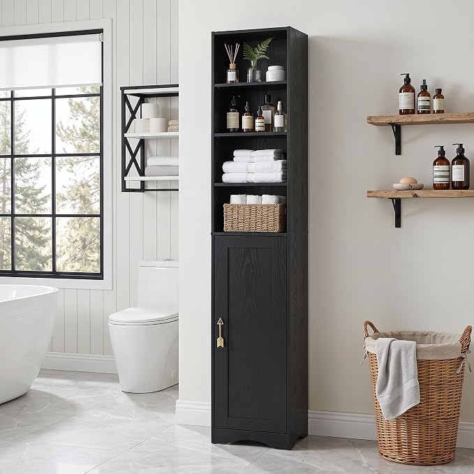 VECELO Narrow Tall Cabinet with Closed Door, 6 Adjustable Movable Shelves, Wood Space Saving Corner Storage Unit, Sleek Black
