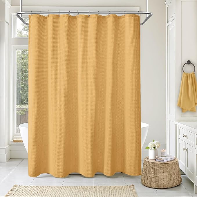 Waffle Weave Shower Curtain - Gold Cotton Fabric Texture Heavyweight Shower Curtains for Bathroom,Washable,72Wx72L