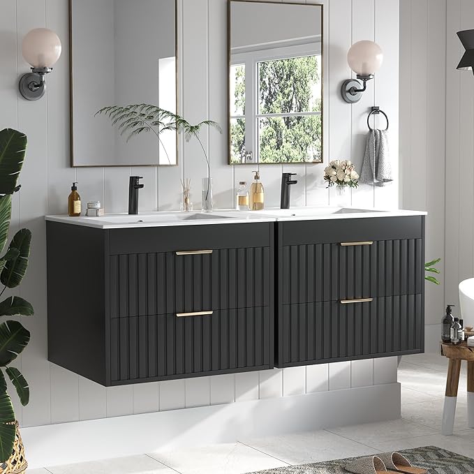 24" Bathroom Vanity with Sink, Floating Bathroom Vanity with 2 Fluted Drawers & Metal Handle, Wall Mounted Cabinets with Integrated Ceramic Sink for Apartment, Home, Black