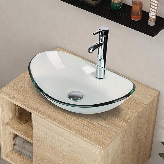 YOURLITE Floating Bathroom Vanity with Sink, Wall-Mounted, 24" Bathroom Vanity and Sink Combo with Mirror and Faucet & Pop Up Drain Set Clear Glass Boat Sink