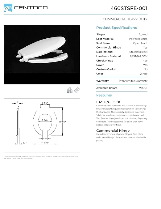 Centoco Toilet Seat Round, Lock In Place, Fast-N-Lock Mounting, Open Front With Cover, Commercial, Plastic, Made in the USA, 460STSFE-001, White