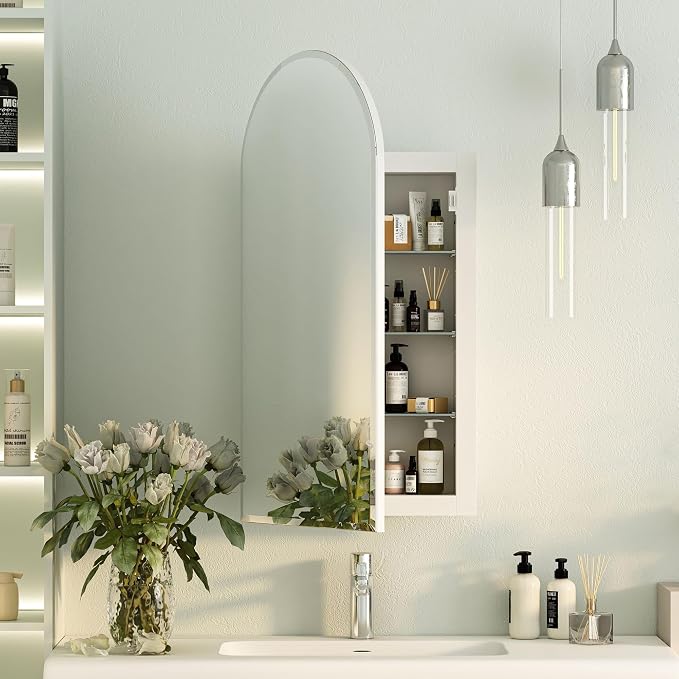 Beveled Edge Arched Recessed Medicine Cabinet with Mirror,Frameless Arched Mirror Medicine Cabinet for Bathroom,Mirrored Cabinets for Bathroom Wall Cabinet with 3 Glass Shelves,16x31
