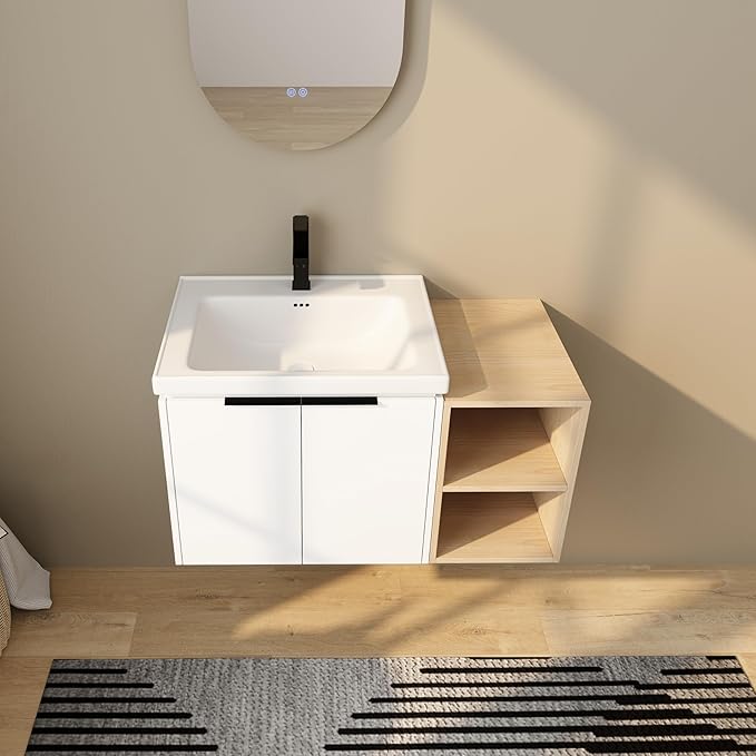 36 Inch Bathroom Vanity with Sink Combo,Wall-Mounted Bathroom Vanity with Soft Close Doors&2 Side Shelf,Modern Floating Bathroom Vanity with Top Basin & Storage Cabinet,White
