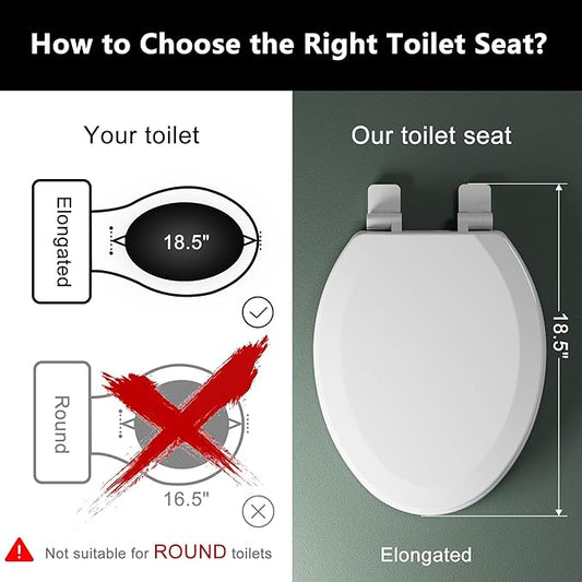 Elongated Toilet Seat Angol Shiold Quiet-Close Molded Wood Toilet Seat with Non-Slip Adjustable Hinges, Anti-Pinch Bumpers, Easy Install & Clean(White, Elongated 18.5'')