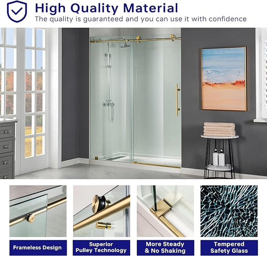 Woodbridge Frameless Shower Doors 44-48" Width x 76" Height with 3/8"(10mm) Clear Tempered Glass in Brushed Gold Finish,MSDC4876-BG