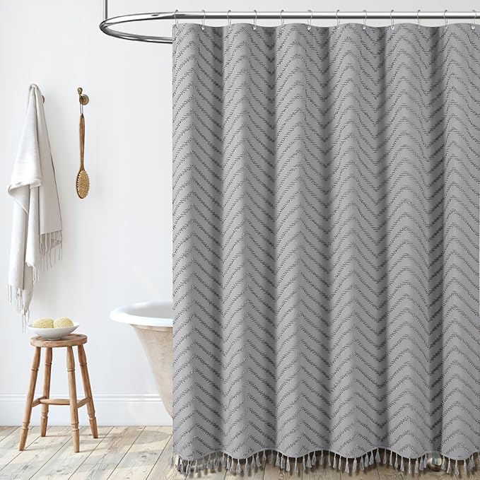 Boho Farmhouse Fabric Shower Curtain Tufted Chevron 72"x72" Grey | Elegant Tassel, Soft Lightweight Textured Cloth, Water Repellent, Washable, Hotel Spa, for Bathroom/Dorm/Apartment 12 Hooks