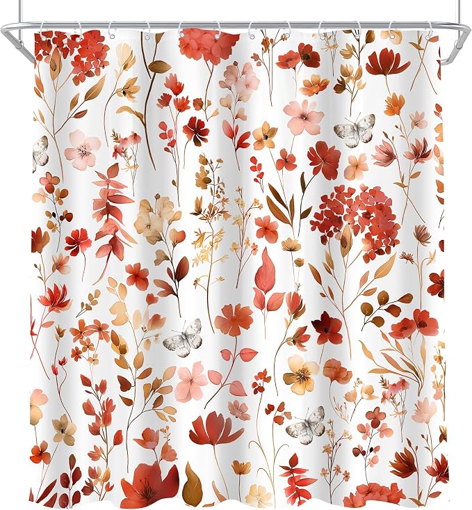 Red Burgundy Fall Autumn Floral Flower Bathroom Shower Curtain Set | 72"W x 72"H Plants Leaves; waterproof HD print, quick-dry fabric and plastic hooks for easy setup.