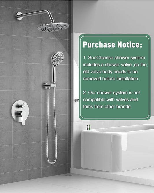 SunCleanse Polished Chrome 8.5'' Shower System w/Handheld & Valve Kit | 2-IN-1 Shower Faucet Set, 6-setting Handheld Shower Head, Rough-in Pressure-balanced Valve and Trim Kit
