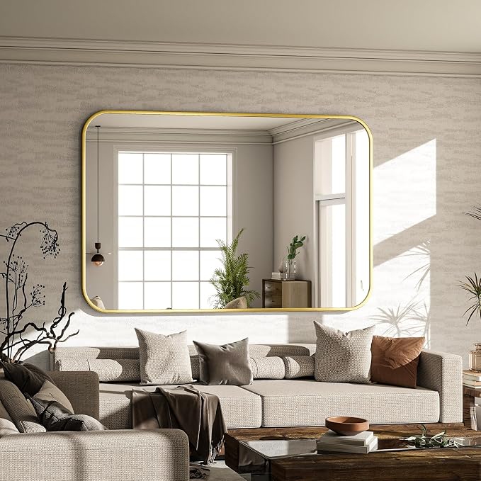 30x48 Inch Gold Bathroom Vanity Mirror for Over Sink | Rectangle Wall Mirror for Bathroom with Round Corner, Hangs Horizontally Vertically for Living Room, Bedroom as Home Decor