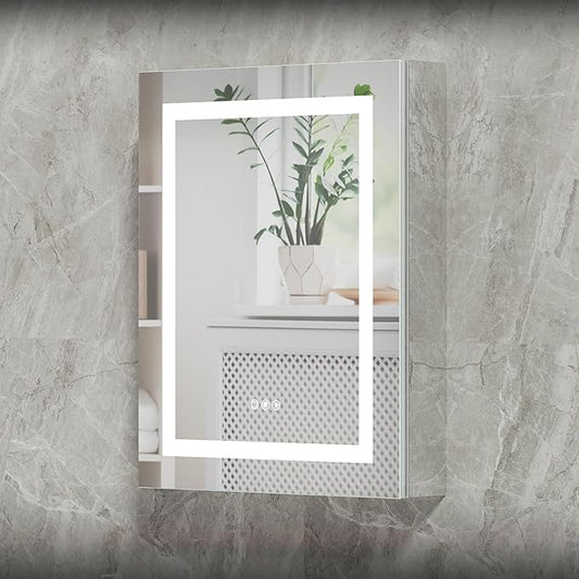 24x30 Bathroom Mirror LED Medicine Cabinet with Lighted 3 Colors, Recessed Surface Wall Mounted LED Medicine Cabinet, Anti-Fog Tempered LED Mirror with Storage, Stepless Dimming, 2 Outlets,