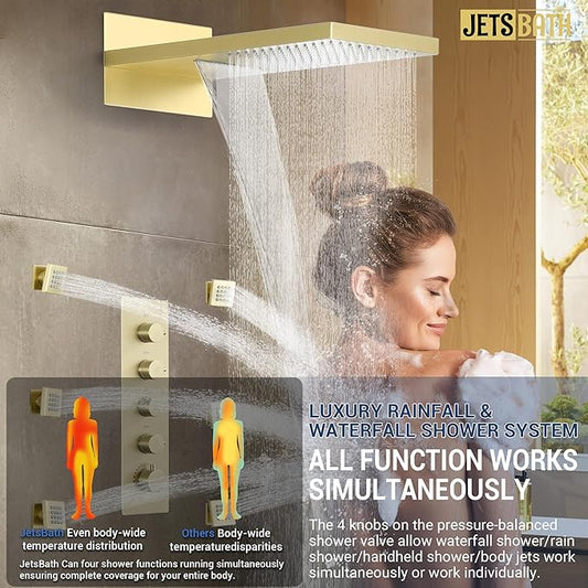 Luxury Thermostatic Rain & Waterfall Shower System with 22” Rain Shower Head & 6 Body Jets, JetsBath Wall Mounted Shower Faucet Sets with Handheld Sprayer, 3/4” Inlet Thermostatic Valve