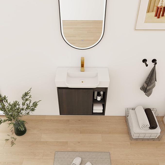 24" Wall-Mounted Bathroom Vanity with Ceramic Sink, 24 inch Floating Single Sink Vanity Cabinet Modern Brown 1-Door Design with Storage Shelf (Space-Saving for Small Bathrooms), Black