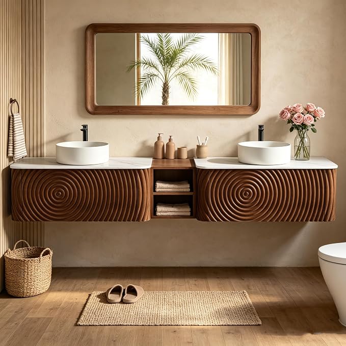 84" Floating Bathroom Vanity with Double Sink, Mid-Century Wall Mounted Bathroom Vanity Cabinet with Wood Waved Decor, Ceramic Vessel Basin, Sintered Stone Top, Soft Close Drawer, Side Open Cube