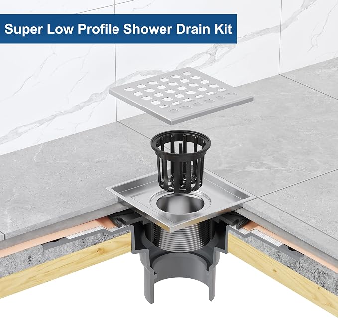 Neodrain 4 in Brushed Square Shower Drain w/Removable Grate &Drain Key | 304 Stainless Steel Shower Drain, ABS Bonding Flange Base for Low Profile Shower Pan, CUPC Certified