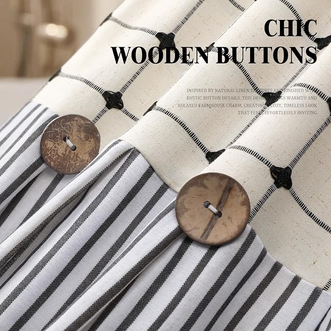 Farmhouse Shower Curtain Button Plaid-Beige-Black Stripe 72"W x 72"L | Farmhouse Style, Chic Button, Striped, Linen Fabric, Rustic, Country, Natural Look, Washable, for Bathroom Bathtub