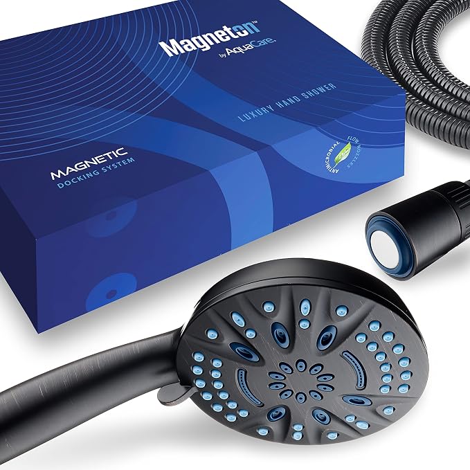 AquaCare Magneton 8-Mode High Pressure Handheld Shower Head with 2 Brackets | Space-age Magnetic Guidance Docking, Giant 5-inch Face with Hygienic Jets, Extra-long 6 ft. Stainless Steel Hose / Bronze