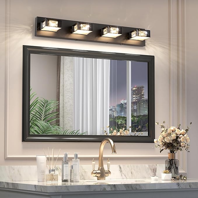 Joossnwell Black Vanity Light for Bathroom (4-Light, 28-Inch) Crystal Bath Light Fixtures 5CCT Dimmable Modern Led Bathroom Light Over Mirror with 350°Rotatable Head