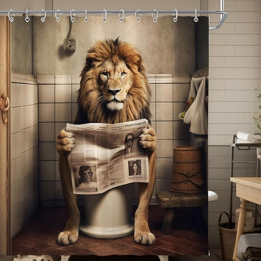 Farmhouse Funny Lion Shower Curtain for Bathroom 72W*72H Inch Brown Humor Animal Reading on Toilet Bathtub Decor Boho Western Country Animal Waterproof Polyester Fabric Set with 12 Hooks