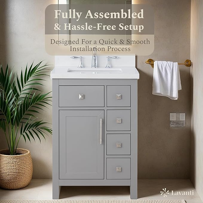 Lavanti Oakford 24 Inch Bathroom Vanity with Sink – Stylish Grey Vanity Bathroom with Storage Cabinet – Modern Bathroom Vanities with Single Vanity Sink & Quartz Countertop