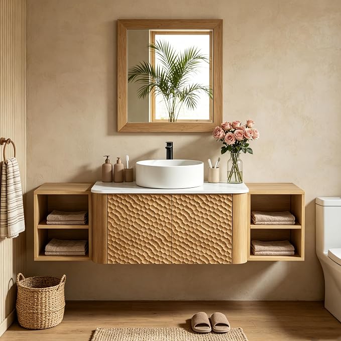 54 Inch Modern Bathroom Vanity with Ceramic Sink, Floating Bathroom Sink Cabinet with Sintered Stone Top&Solid Wood Hammered Frame, Single Bathroom Vanities w/Soft-Close Drawer&2 Side Open Cube
