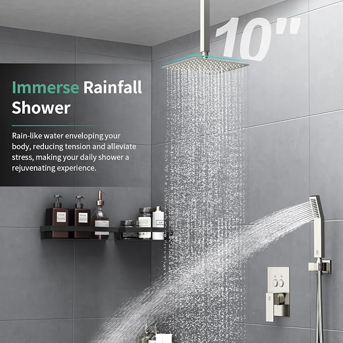 SR SUN RISE Shower System with Push Button Diverter, Ceiling Mounted Luxury 10 Inch Rain Shower Head with Handheld Spray, High Pressure Shower Faucet Combo Set with Rough-in Valve, Brushed Nickel