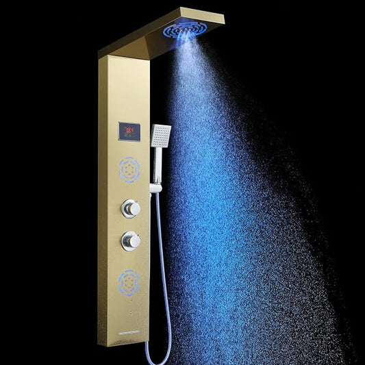POPFLY LED Shower Panel Tower System Mist & Rain Shower Head οΌ 2 Massage Body Jets, Tub Spout and Temperature Display, Water Powered Led Shower Tower Column Stainless Steel, Golden