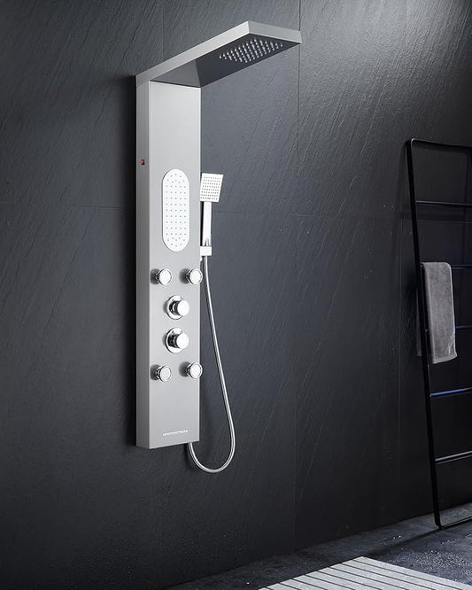 5-Function LED Shower Panel Tower System 4 Jets Stainless Steel | LED rain head | 4 massage jets | Body waterfall spray | Handheld shower | Tub spout | Brushed finish