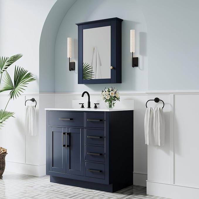36-Inch Bathroom Vanity with Sink W/ 2 Doors & 4 Drawers & 1 Flip Drawer,Navy Blue Vanity W/Matte Black Handles